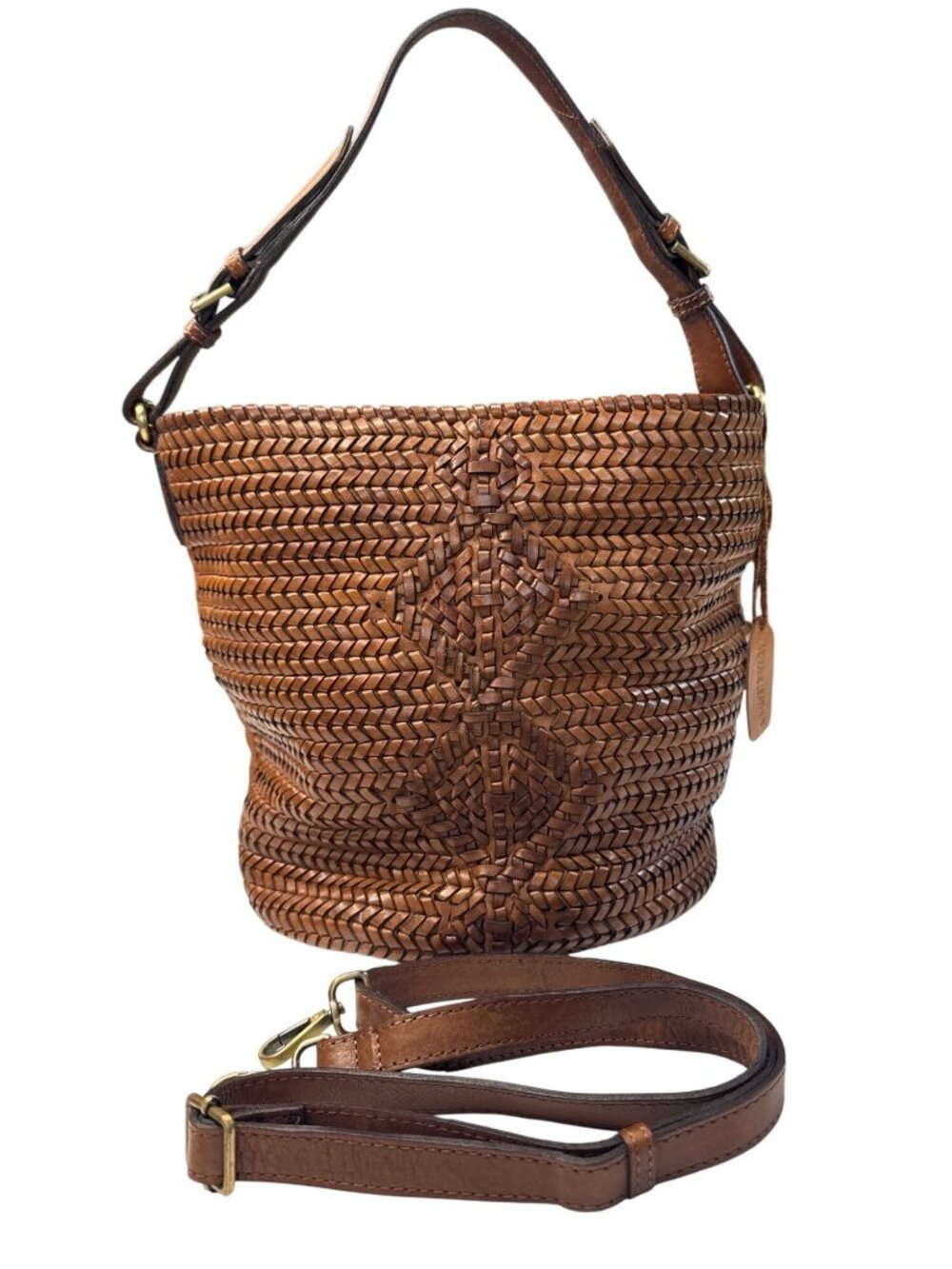 Woven Genuine Leather Brown Shoulder Bag W/Adjustable Strap & Inner Pockets